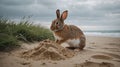 Adorable Brown Rabbit Sitting on Sandy Beach near Ocean Royalty Free Stock Photo