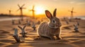 Adorable Bunny Rabbit in Sandy Desert at Sunset with Windmills Royalty Free Stock Photo