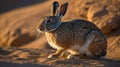 A rabbit sits on a sandy surface, illuminated by warm sunlight in a natural setting Royalty Free Stock Photo