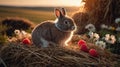 Adorable Bunny Rabbit in Hay with Raspberries at Sunset Royalty Free Stock Photo