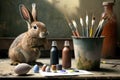 A rabbit sits on a table next to brushes and paints and painted Easter eggs, Generative AI.