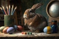 A rabbit sits on a table next to brushes and paints and painted Easter eggs, Generative AI.