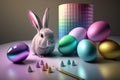 Modern Easter composition. Generative AI. Festive candies and gifts.