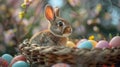 Rabbit Sitting in Basket of Eggs Royalty Free Stock Photo