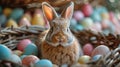 Rabbit Sitting in Basket of Eggs Royalty Free Stock Photo