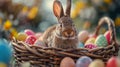 Rabbit Sitting in Basket of Eggs Royalty Free Stock Photo