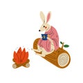 Rabbit Sitting by Bonfire with Cup of Tea, Animal Character Having Hiking Adventure Travel or Camping Trip Vector