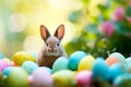 Rabbit Sitting in Colorful Easter Egg Pile. Royalty Free Stock Photo