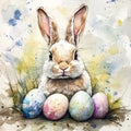 Rabbit is sitting in front of a group of eggs Royalty Free Stock Photo