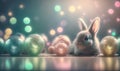 a rabbit sitting in front of a group of shiny eggs on a table with a blurry background of colored lights in the back ground Royalty Free Stock Photo