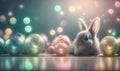 a rabbit sitting in front of a group of shiny eggs on a table with a blurry background of colored lights in the back ground