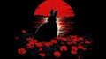A rabbit sitting in front of a red sunset, AI Royalty Free Stock Photo