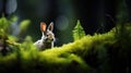 A rabbit sitting in the middle of a mossy forest, AI