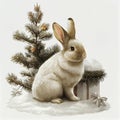 Rabbit sitting near the Christmas tree retro sketch hand drawn engraving style