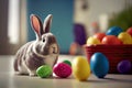 a rabbit sitting next to a basket of eggs