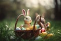 rabbit sitting on a straw basket with colourful easter eggs. Generative AI