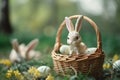 rabbit sitting on a straw basket with colourful easter eggs. Generative AI