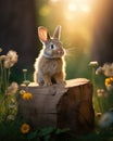 a rabbit sitting on a stump