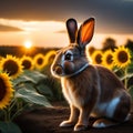 A rabbit sitting in a sunflower garden