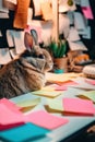 A rabbit sitting on top of a desk covered in post it notes. Generative AI image. Royalty Free Stock Photo