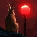 A rabbit sitting on top of a hill looking at a red light, AI Royalty Free Stock Photo