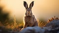 A rabbit sitting on top of a hill at sunset, AI Royalty Free Stock Photo