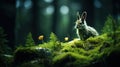A rabbit sitting on top of a moss covered hill, AI Royalty Free Stock Photo