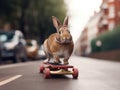 A rabbit on a skateboard