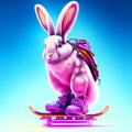 Rabbit with skates and snowboard. 3D illustration. AI generated Royalty Free Stock Photo