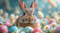 Rabbit is standing in a field of Easter eggs Royalty Free Stock Photo