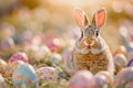A rabbit is standing in a field of Easter eggs Royalty Free Stock Photo