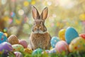 A rabbit is standing in a field of Easter eggs