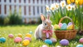 Rabbit is standing in a field of Easter eggs Royalty Free Stock Photo