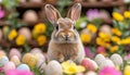 A rabbit is standing in a field of Easter eggs Royalty Free Stock Photo