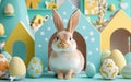 A rabbit stands in front of a charming house, symbolizing Easter joy and springtime renewal. Royalty Free Stock Photo