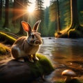A rabbit stands on a rock by the stream Royalty Free Stock Photo