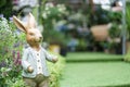 Rabbit statue. A cute rabbit wooden statue wearing a blue suit for outdoor garden decoration