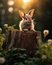 a rabbit on a stump