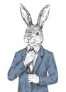 Rabbit in suit. Engraved human bunny, dressed easter hare in fashion tuxedo with tie bow, woodcut etching animal head