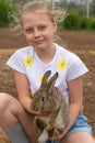 Rabbit summer day outdoor girl little white playing bunny easter, from happy childhood for grass for fur farm, family Royalty Free Stock Photo