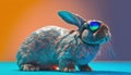 a rabbit with sunglasses on it\'s head sitting on a blue surface