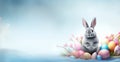 Rabbit surrounded by colorful Easter eggs. Festive bunny. Banner with copy space. For greeting card, invitation