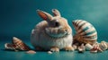 Adorable Fluffy Bunny Rabbit with Seashells on Teal Background Royalty Free Stock Photo