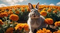 Adorable Grey Rabbit in a Marigold Field Royalty Free Stock Photo