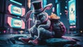 A rabbit with a top hat and bag of money sitting on the ground, AI Royalty Free Stock Photo