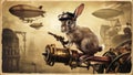 A rabbit in a top hat and goggles on an old steam engine, AI Royalty Free Stock Photo