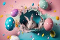 Rabbit tore a hole in a paper background, jumps out of a hole in a blue wall, fluffy eared rabbit, easter bunny banner, rabbit