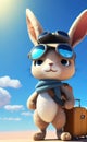 The rabbit tourist illustration portrays a cute and adventurous bunny with a camera and other travel accessories, exploring a new