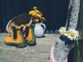 Rabbit toy with flowers wreath on head Royalty Free Stock Photo