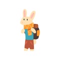 Rabbit travelling with backpack, cute cartoon animal having hiking adventure travel or camping trip vector Illustration